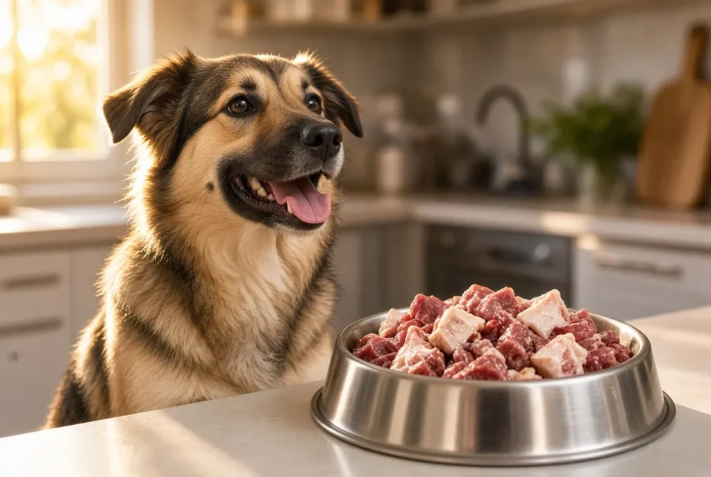 happy dog sitting next to a bowl of raw food