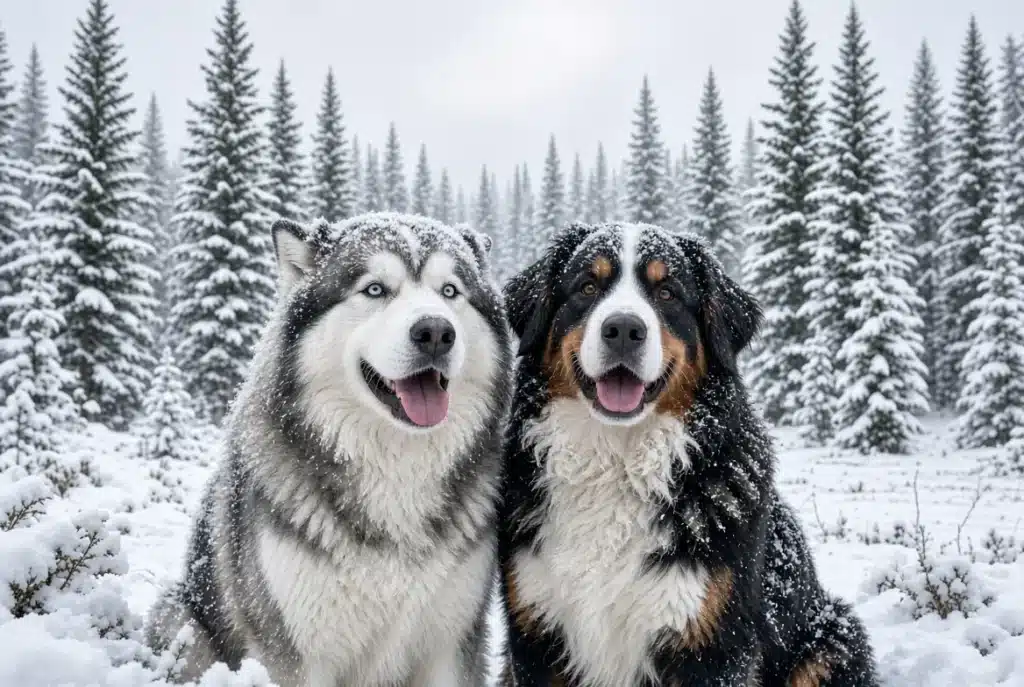 Alaskan Malamute and a fluffy Bernese Mountain Dog