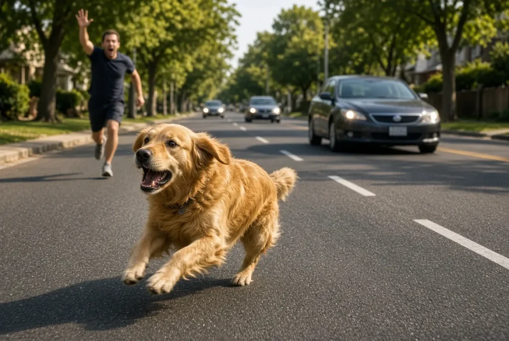 Golden Retriever running on the road