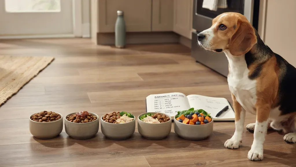 five dog bowls in a row on a wooden floor showing a gradual shift from kibble to fresh food